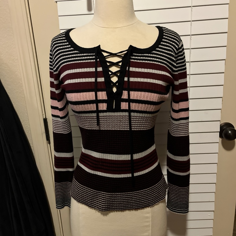 No Boundaries Striped Long Sleeve Top - Black, White, Pink, Burgundy